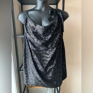 Jennifer Lopez Black Sequins Tank Sleeveless Top Evening Date Night Bow Accent